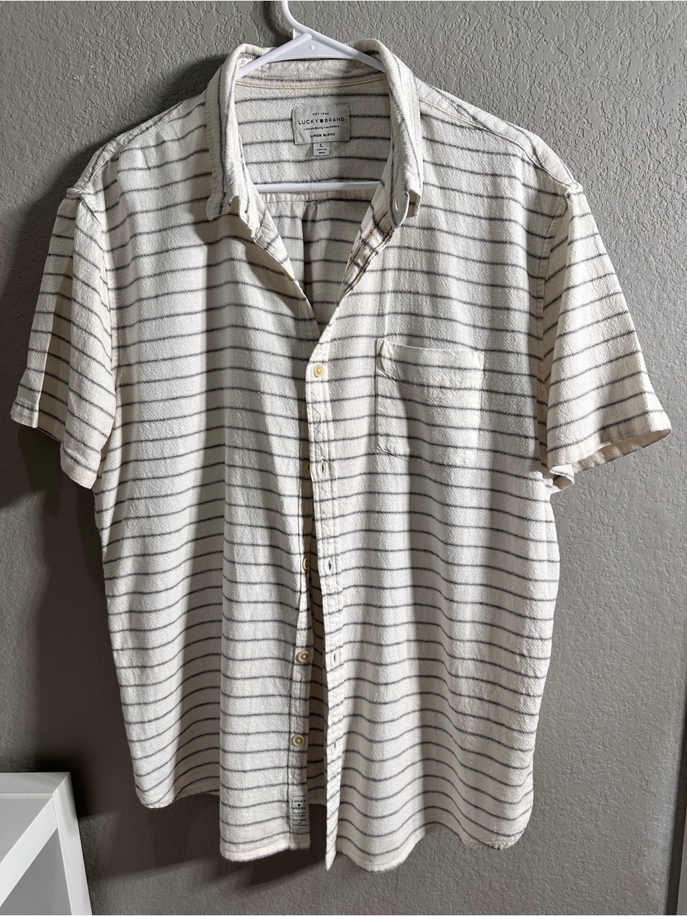 Lucky Brand Cream Short-Sleeve Striped‎ Button-Up Shirt Linen Blend